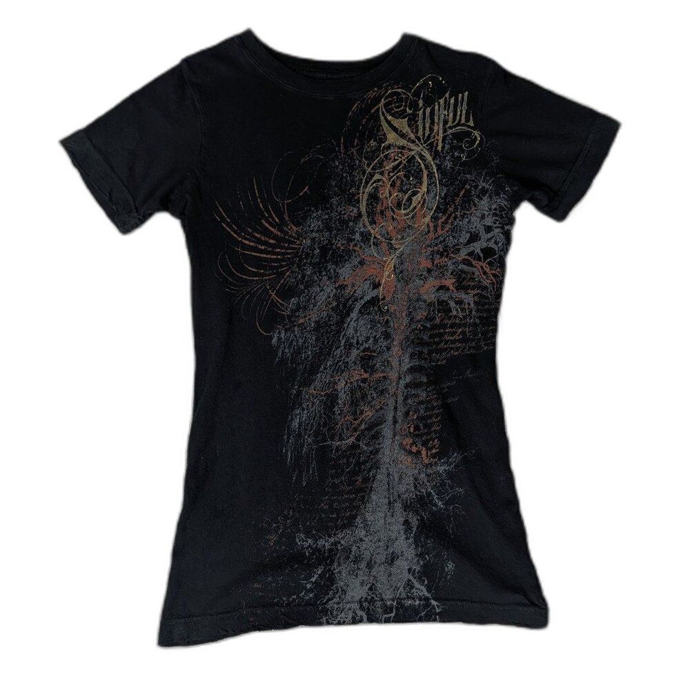 VTG Y2K Sinful Short Sleeve Gothic Style Graphic T-shirt Grunge Streetwear Sz S
